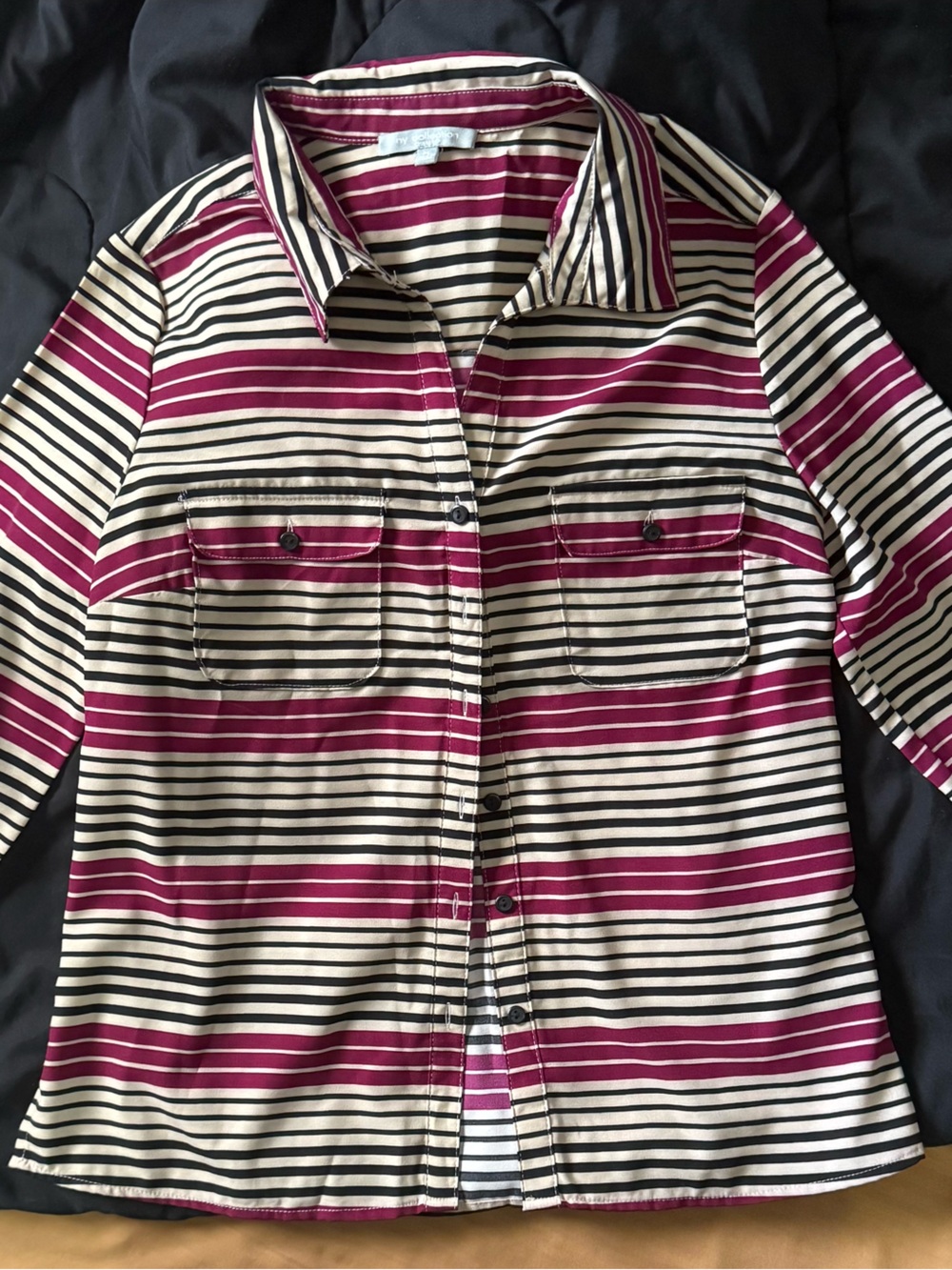 NY Collection Striped Button-Down Shirt in Pink, Black & Cream